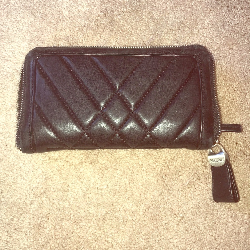 Perlina black leather quilted wallet gray leopard